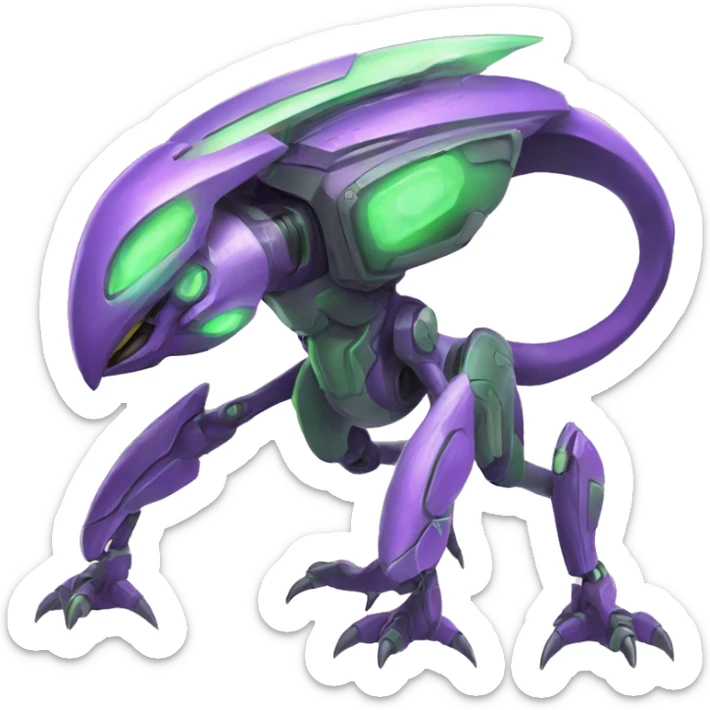 a purple-green Genesect-Raptor-Fakémon—hybrid with a futuristic visor-helmet full body sticker