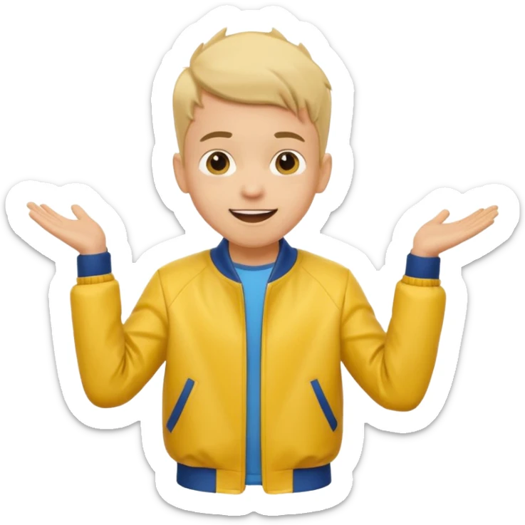 excited boy with good hair cut shrugging his shoulder, wearing yellow jacket and smile sticker