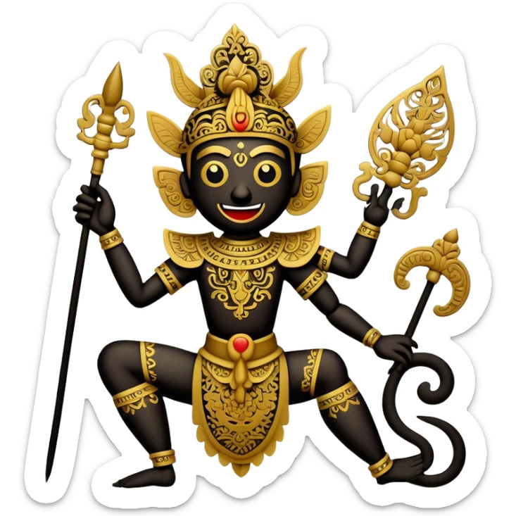 Cinematic Realistic Wayang Kulit Emoji, depicted as an intricate shadow puppet with detailed cut-out figures and traditional patterns, rendered with crisp textures and dynamic cultural lighting that captures its ancient artistry. sticker