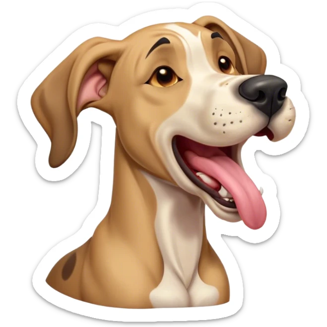 Cinematic Cute Yawning Fawn Great Dane Portrait Emoji, Head tilted slightly with a dramatic, wide-open yawn, revealing a smooth fawn coat with a refined texture, floppy ears slightly drooping, round amber eyes barely open in drowsy contentment, Simplified yet irresistibly adorable features, highly detailed, glowing with a soft, cozy glow, high shine, relaxed yet expressive, stylized with a touch of whimsy, bright and endearing, soft glowing outline, capturing the essence of a sleepy yet affectionate guardian, so drowsy it feels like it could stretch out of the screen and curl up for a nap! sticker