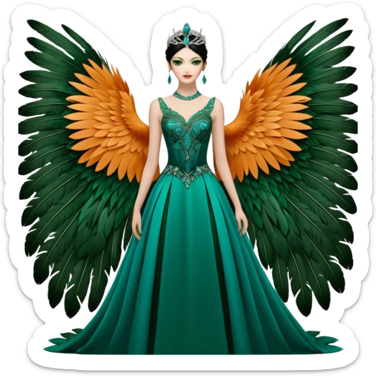 ave Cabeza y espalda: tonos verdes y azulados brillantes.

Pecho: anaranjado intenso que contrasta con el resto del cuerpo.

Alas: mezcla de verdes y negros.

Cola: larga y elegante, con dos plumas centrales que terminan en forma de “raqueta”. sticker