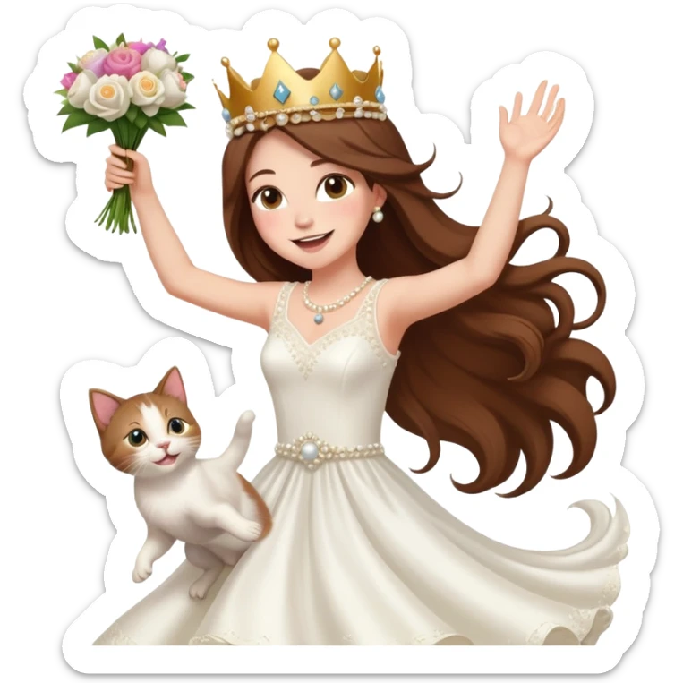 White woman - long hair - white wedding dress - holding a kitten - happy - jumping - stylish - elegant - bouquet - dreamy - colorful - wearing a crown - pearl accessories sticker