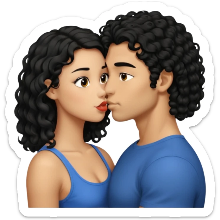 a strong man with short straight black hair kissing a shorter girl with long black curly hair sticker
