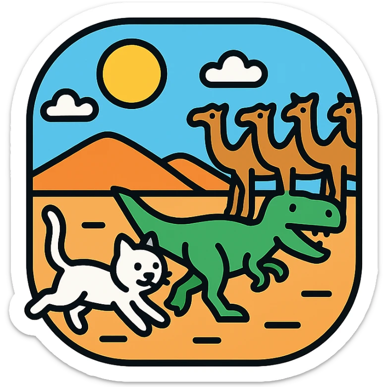 A white cat chasing a T-Rex in the desert with a herd of camels staring at them sticker