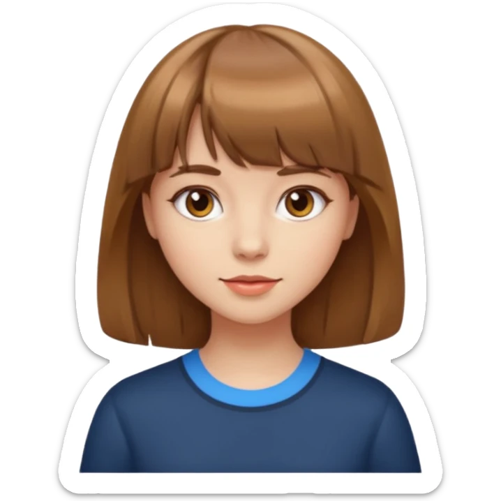 uma garota com cabelos médios, pele branca, cabelo cor castanho claro, de franja sticker