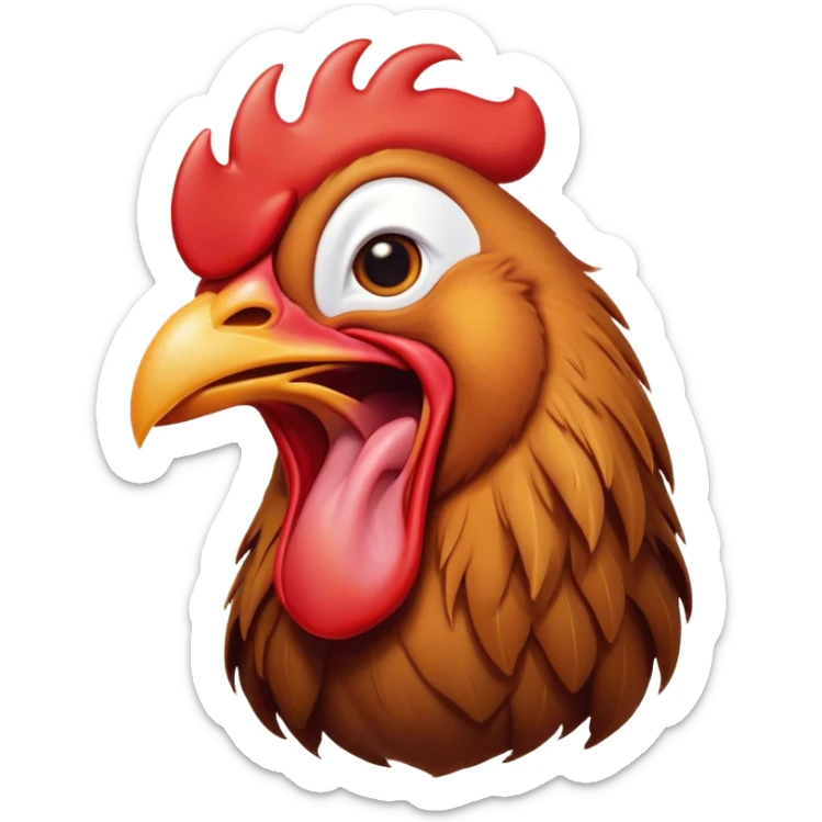Cinematic Cute Yawning Brown Rooster Portrait Emoji, Head tilted slightly with a dramatic, wide-open yawn, showcasing a soft, downy brown plumage with a subtle red comb and drooping wings, round warm eyes barely open in drowsy contentment, Simplified yet irresistibly adorable features, highly detailed, glowing with a soft, cozy glow, high shine, relaxed yet expressive, stylized with a touch of whimsy, bright and endearing, soft glowing outline, capturing the essence of a sleepy yet affectionate rooster, so drowsy it feels like it could stretch out of the screen and curl up for a nap! sticker