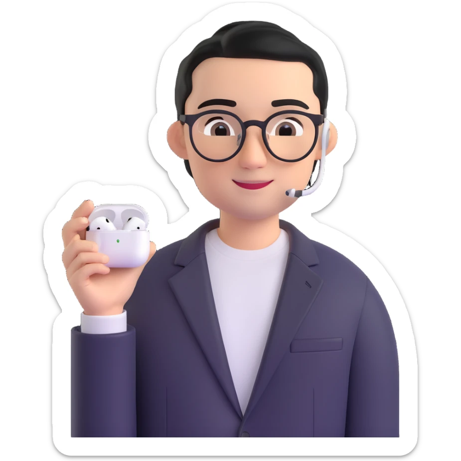 Memoji-style 3D cartoon male, light skin, short black hair parted to one side, round black eyes, thin arched brows, sharp nose, smiling, round glasses, silver AirPods Max headphones, black blazer, white T-shirt, smart casual, curious and attentive, podcast host sticker