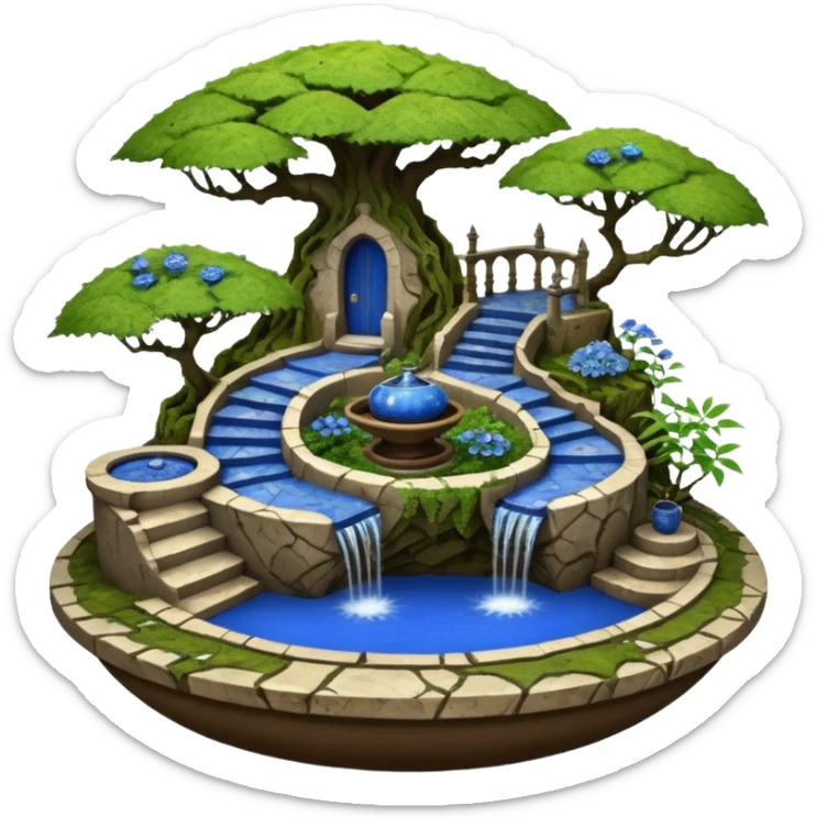 Alien saucer house jungle-vines stairway fountain mountain-island landscape antique mudman very old broken cracked intricate Stone Age lapis-crusted irregular dodecagon-shaped shallow dark moss rough bark blue serissa flowered maple tree bonsai pot sticker