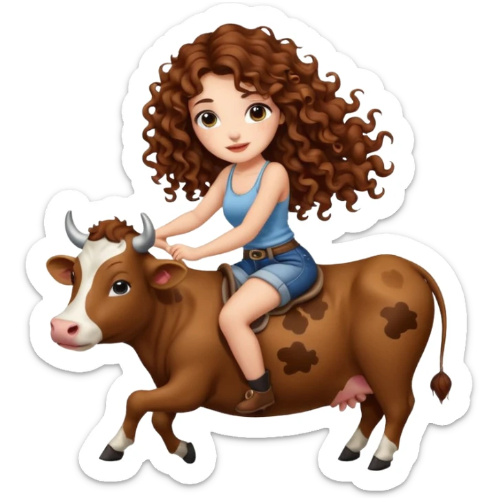 cute woman long curly brown hair tattoos riding gentle cow sticker