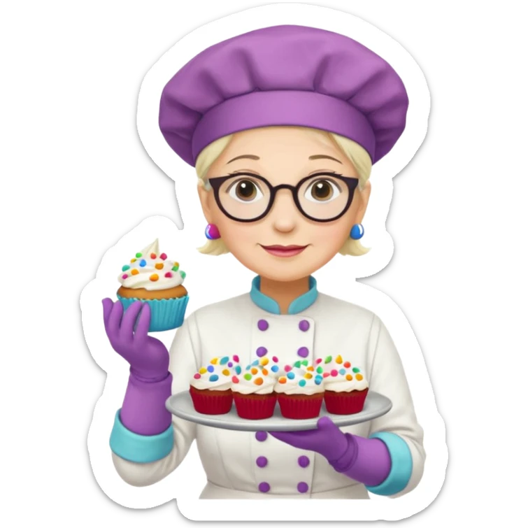 Older female pastry chef – round glasses, oven mitts on, holding a tray of cupcakes

 sticker