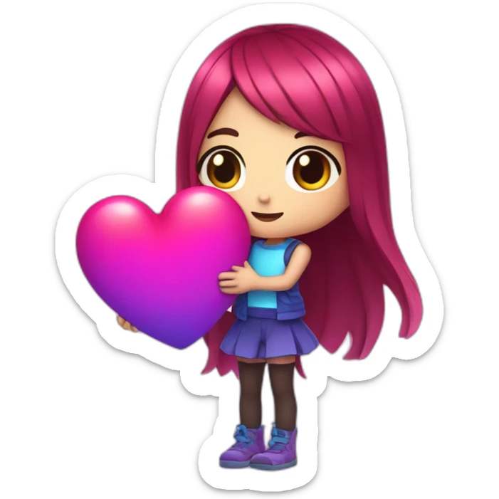 Cute anime girl with neon purple and blue colors holding a big red heart sticker
