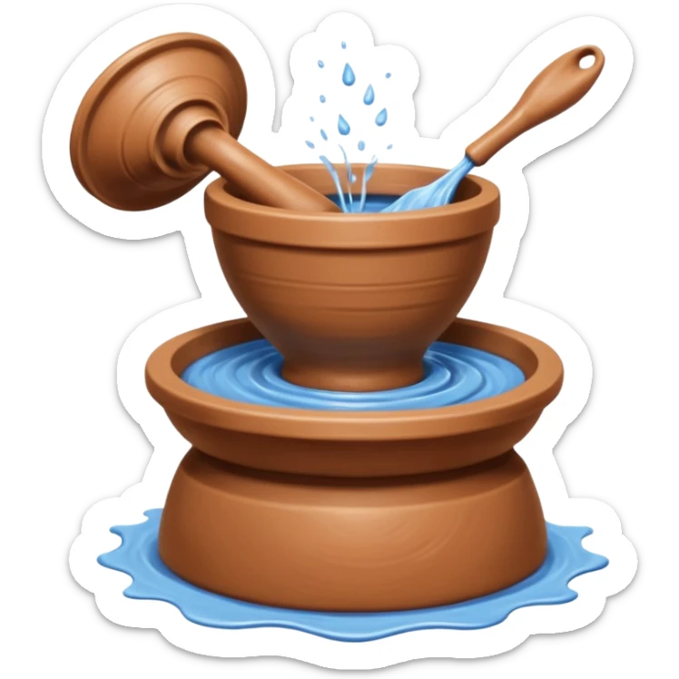 Realistic image of a potter's wheel in action, shaping wet clay into graceful shapes, water splashing gently sticker