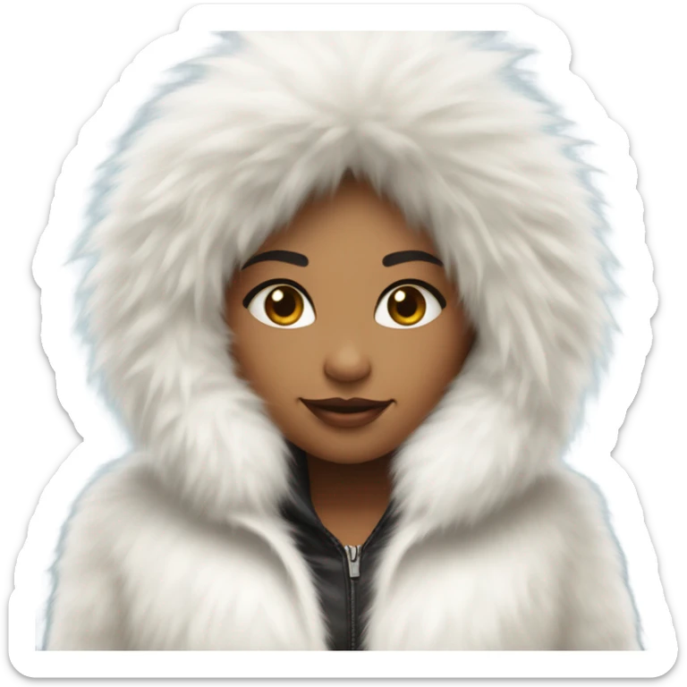 Girl in a extremely big fluffy oversized white fur coat with hood on. The fur is real and it’s very obvious big and fluffy  sticker