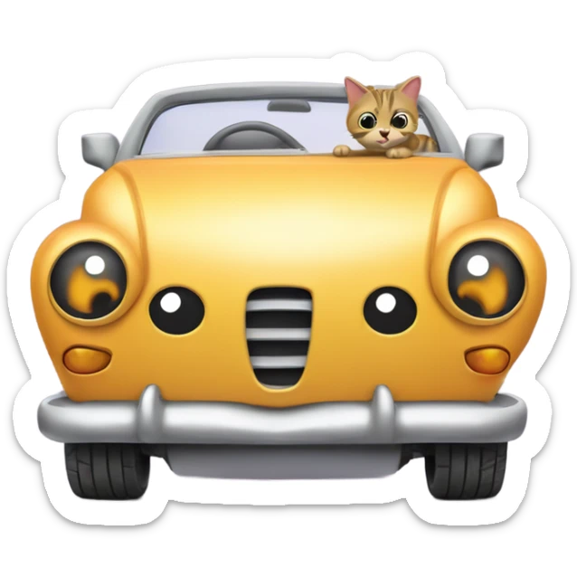 A cartoon emoji-style car with a curious cat peeking out from the open hood of the engine compartment. sticker