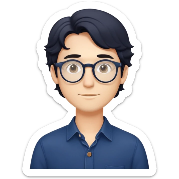 Young caucasian man with slightly longer wavy black hair, round glasses, torso only, wearing dark blue relaxed buttoned-up shirt sticker
