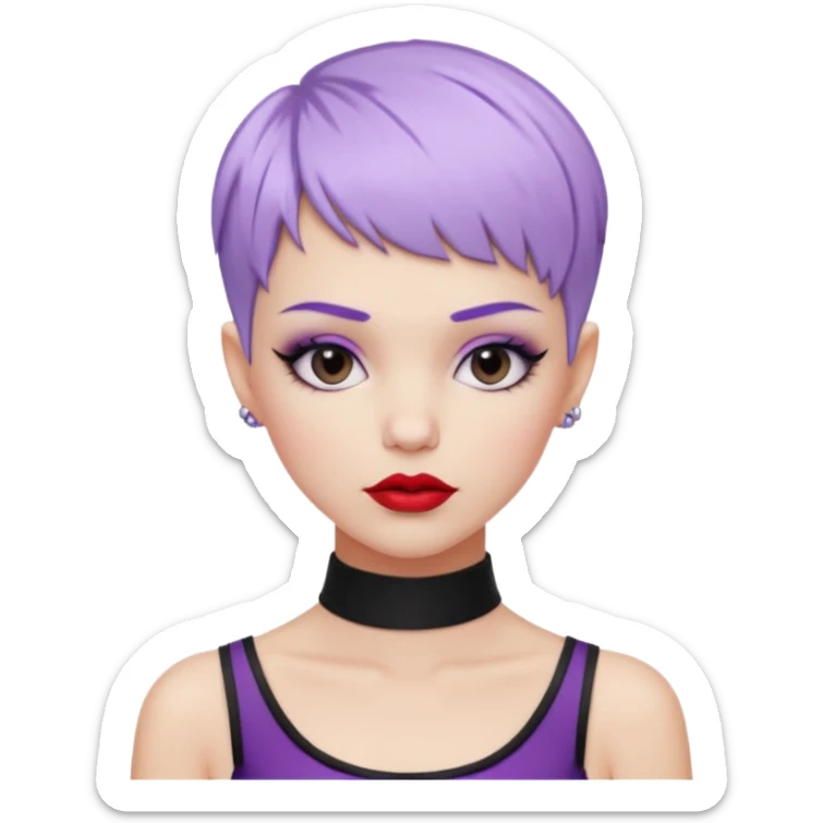 fashionista white girl, pastel purple short pixie hair, black choker, red lipstick, lip ring, raised eyebrows, smirk sticker