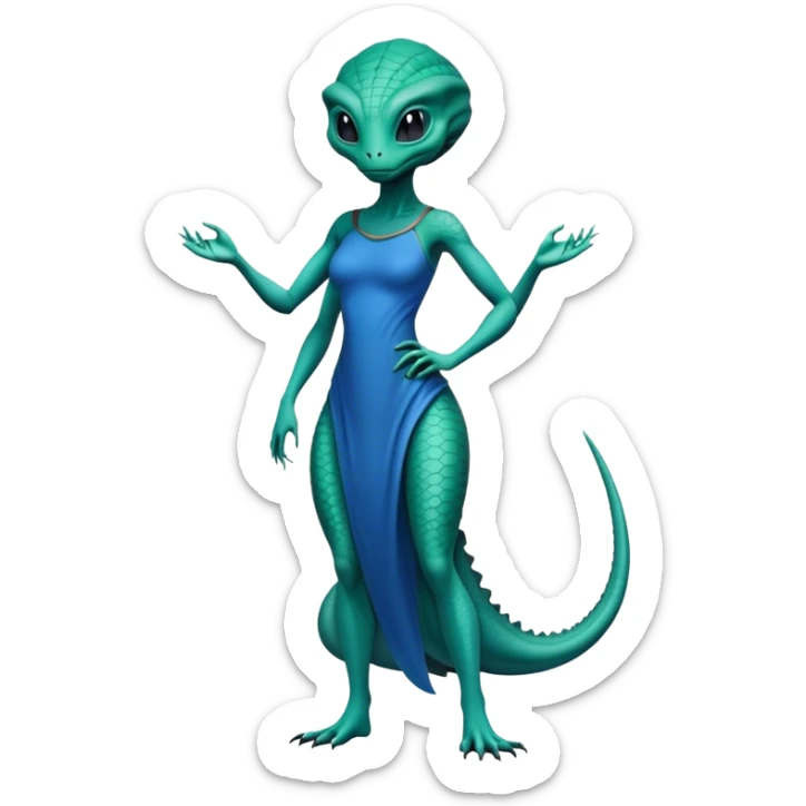 a Reptilian alien woman, full body, in bue dress sticker