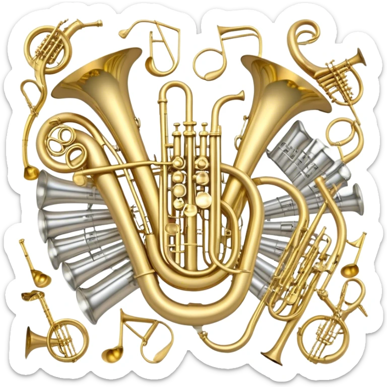 Create a festive and elegant emoji collage featuring a bouquet or fan of bells of wind instrument  (trumpets, saxophones, trombones, tubes, etc.) arranged in a radiant, symmetrical pattern. The instruments should have polished, golden and silver finishes, with their large, shiny bells forming a beautiful, fan-like display. Include a flowing ribbon of musical notes swirling through the center, conveying movement and melody. The background should feature a deep red velvet texture, adding a touch of luxury and sophistication. The overall composition should be balanced, with an elegant and regal feel, with a transparent background to keep focus on the instruments and musical elements. sticker