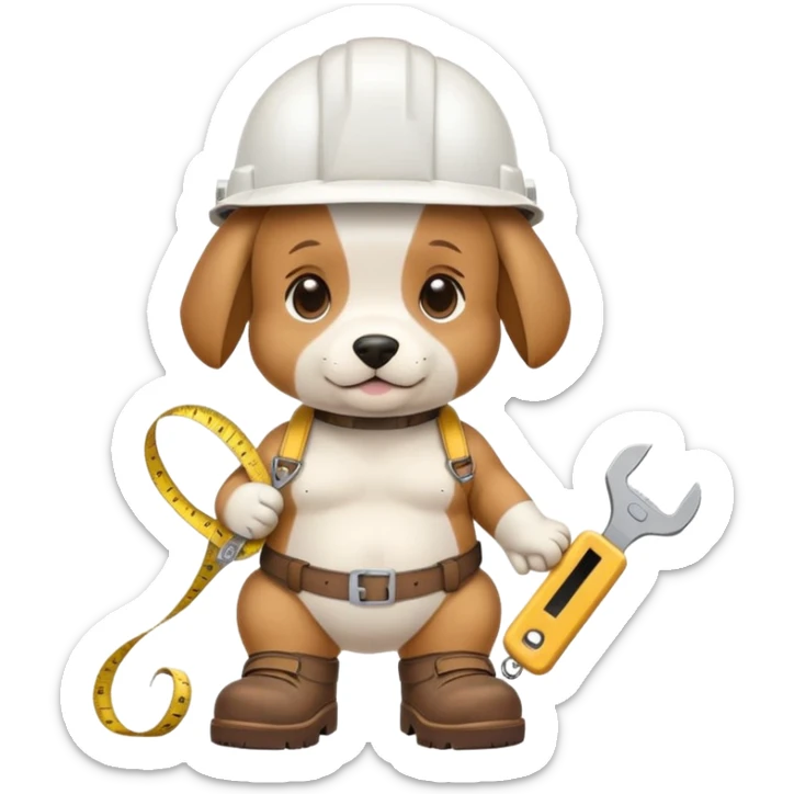 ￼ I want you to make a nice puppy, big belly with a white work helmet, brown work boots and a measuring tape that the puppy brings on, but that comes out very nice sticker