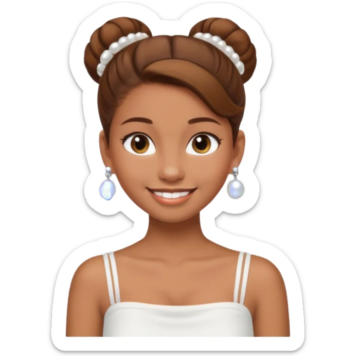 Light brown skin girl, brown hair in bun, smiling, white tube top, pearl earrings sticker