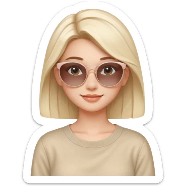 Clean girl influencer character, chest-up portrait, minimal aesthetic, natural glowing skin, soft confident smile, sleek hair, neutral pastel outfit, wearing trendy sunglasses on head, subtle beauty accessories, stylish hair clip, calm luxury vibe, clean modern illustration style sticker