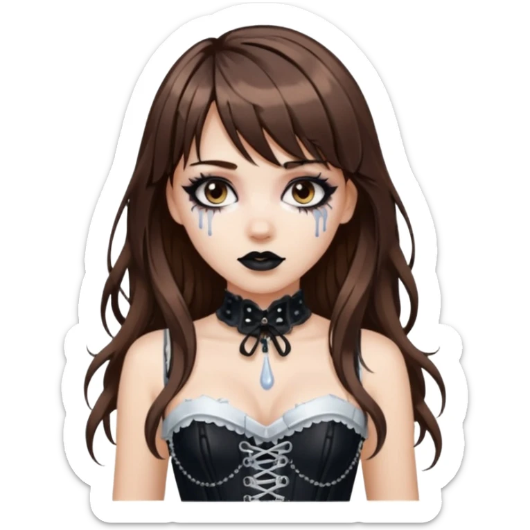 white girl, brown hair, bangs and long hair, dark makeup. Detailed corset top with white paint dripping,  sticker