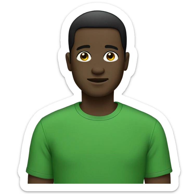 emoji of an adult man, dark skin, no beard or mustache, black short straight hair, green t-shirt. Black eyes.  sticker