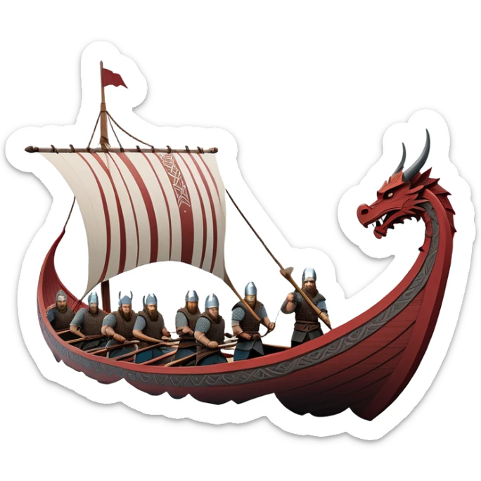 clash-of-clans-aesthetic_-cinematic-viking-longboat, rendered in a flat, bold vector style with minimal shading, featuring a striking dragon-headed prow slicing through icy, churning waters. shields on the side and vikings rowing The longboat’s intricately detailed shields and carved motifs evoke a sense of epic adventure and Nordic might, with billowing sails catching a dramatic, stormy sky backdrop. sticker