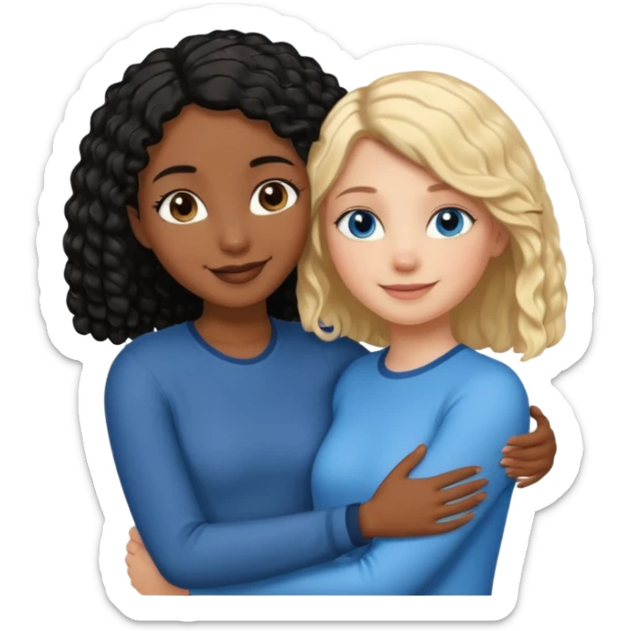 Girl best friends: one taller white girl with straight blond bob and blue eyesone shorter black girl with long black curly hair, hugging sticker
