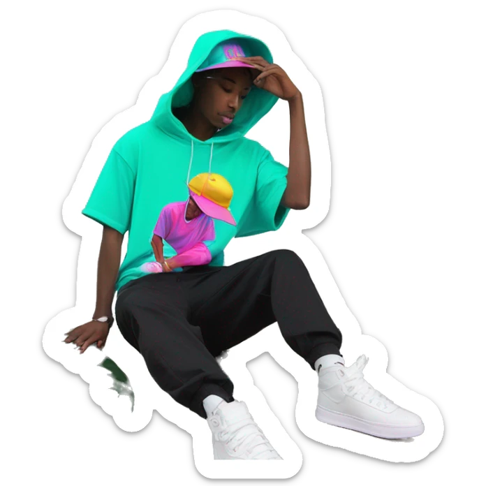 Multicoloured neon person smoking wearing hoodie dancing hip hop bucket hat tropical Skater fashion aesthetic baggy clothes graphic t shirt 420 sticker