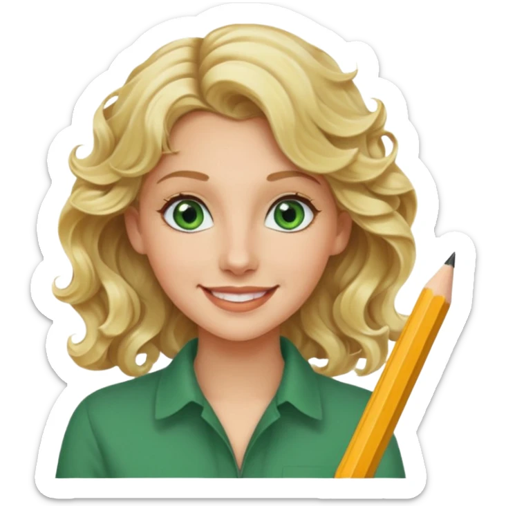 blonde woman, age 25-30, green eyes, wavy hair, pencil behind ear, creative product designer sticker