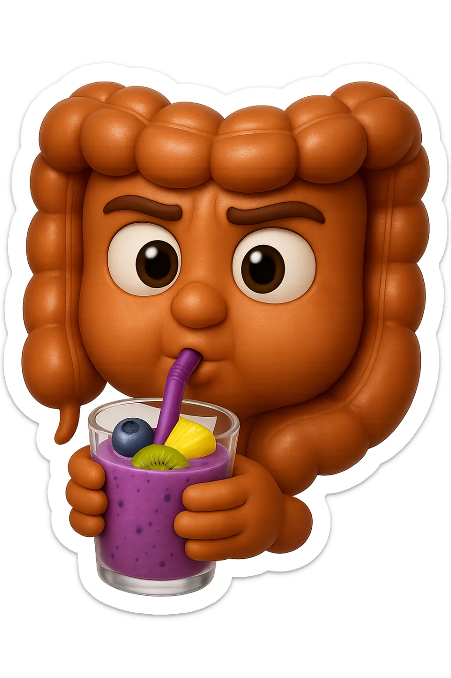 EMOJI STILE IPHONE DI un intestino umano anatomico che beve un frullato di mirtilli, ananas, kiwi, fagli anche la parte bianca degli occhi, non solo le pupille, REALISTICo 4K sticker