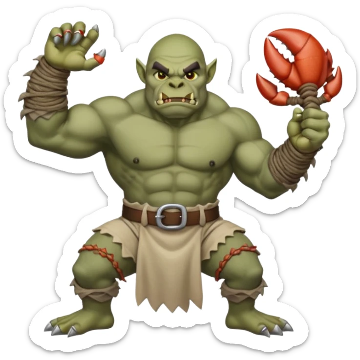 orc male Belt of defeated "Pesky Sand Crab" claws, flexing with a net full of loot. sticker