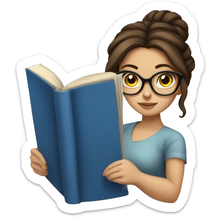 Messy bun brunette haired girl with blue eyes reading a book and wearing glasses  sticker