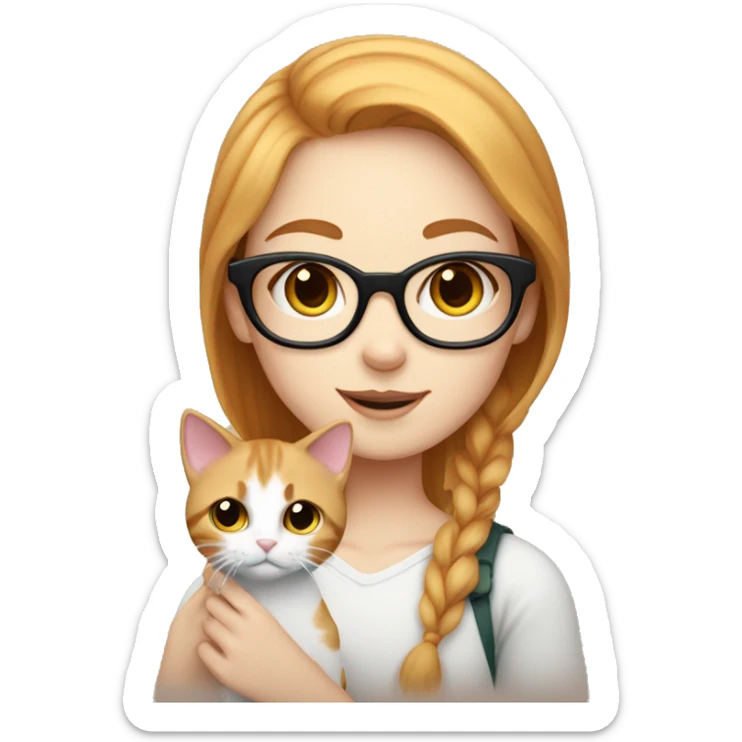 White skin, short strawberry-blonde haired girl with glasses holding calico cat sticker