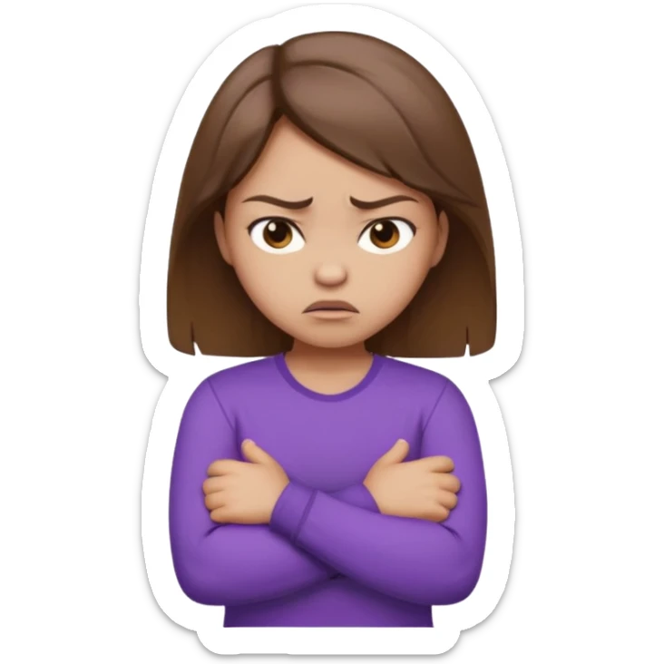 Girl with brown hair crossing arms in front of her chest and making an angry face with a purple longsleeve shirt on and be more pouty make her skin lighter sticker