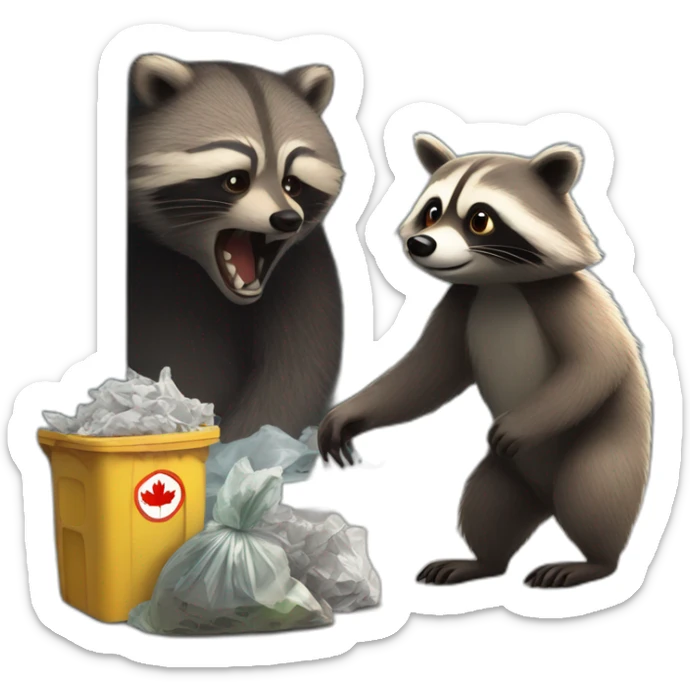 A Canadian raccoon rummages through the trash, and a bear stands next to it, looking judgmental. sticker