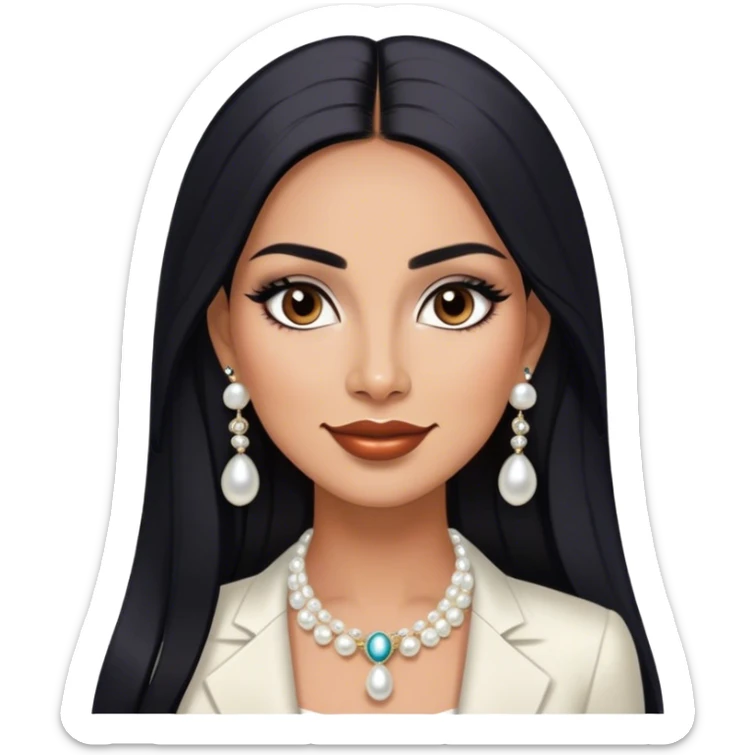 beautiful fit tall woman boss, with long straight black hair, with make up, black eye liner, smile mooth close, mexican, brown skin, wearing beautiful couture outfit and white pearl earings sticker