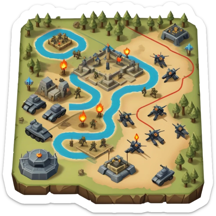 An icon showing a strategic battle scene with a top-down view of an army, inspired by classic strategy games. The interface displays unit icons, a minimap, and resource counters. Soldiers and siege weapons engage in combat on detailed terrain. Transparent background. sticker