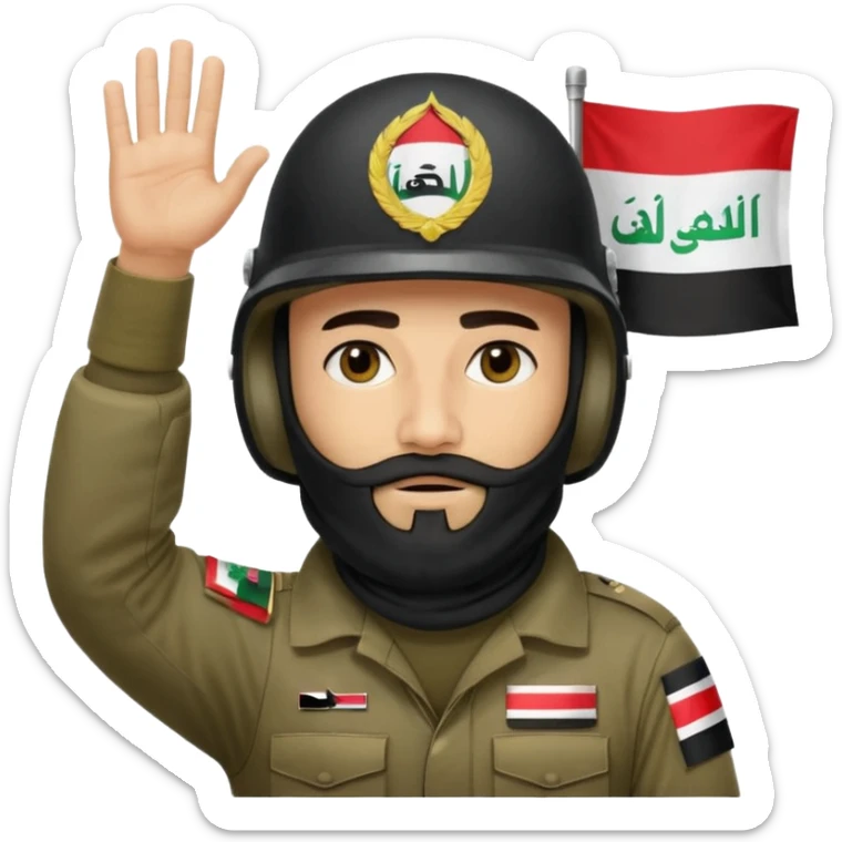 surrenders, depicts an Iraqi soldier from 1980, with a beard, in a helmet, a helmet with sign flag Iraq, with a balaclava, with sad eyes and both hands raised up sticker