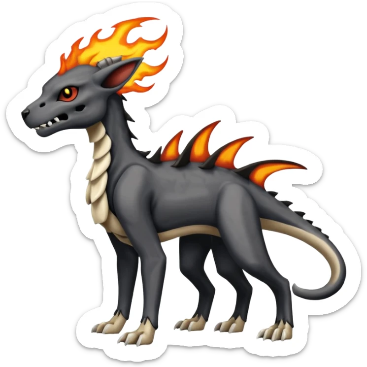 Skeletal Fiery Flaming Volcanic Draconic Cubone-Salandit-Houndoom-Houndour-Marowak-Poochyena-Litten-Fakémon-hybrid-creature (full body), 4 legs sticker