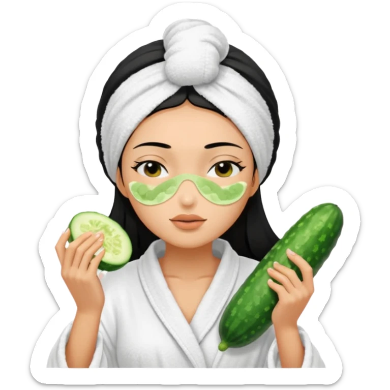 woman with black hair in bath robe with towel on head, cucumber slices covering closed eyes, facial mask on face sticker