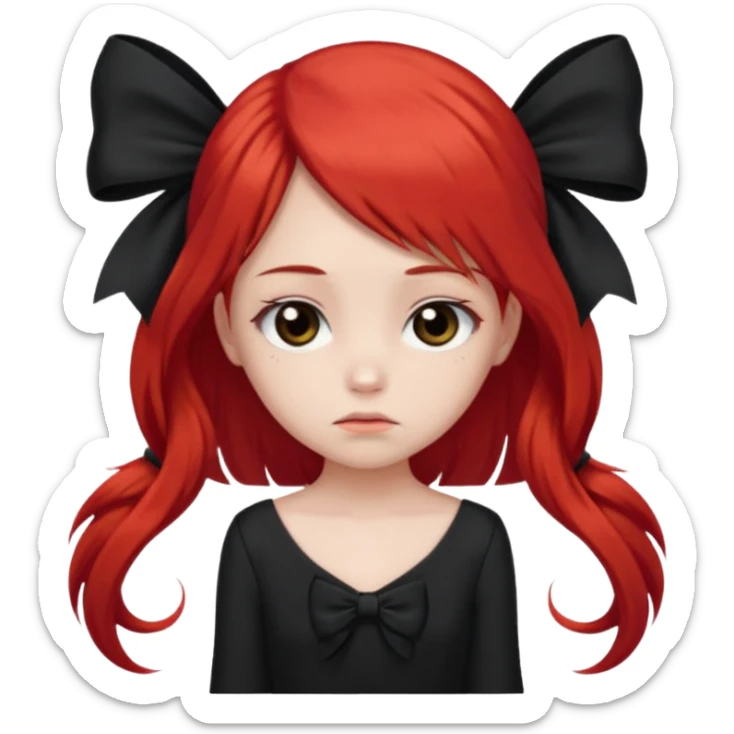 red long twin tail hair girl with black bow on her hair wearing black dress with a sad face sticker