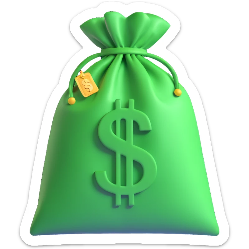 A money bag in 3D emoji style, featuring a green bag with a dollar sign, with a slight 3D effect, no additional text or symbols. sticker