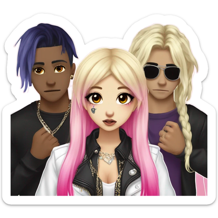 blonde and pink hair pale hime gyaru girl, hot pink and yellow split-dyed hair, nose ring, elf ears, dark makeup, punk clothes standing next to three diffrent men praying  sticker