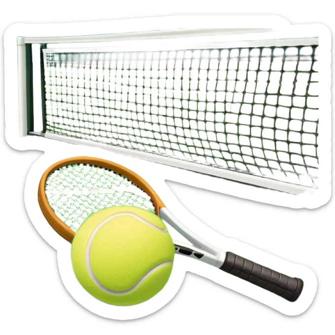 A tennis racket and a ball placed on the ground, with a tennis court in the background. The court lines and net are visible, emphasizing the structure and focus of the sport, creating a dynamic and energetic vibe. sticker