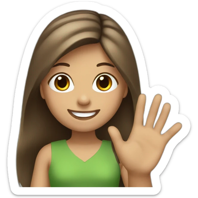 Girl with brown, long and straight hair smiling kindly and waving with the left hand, wearing a green dress sticker