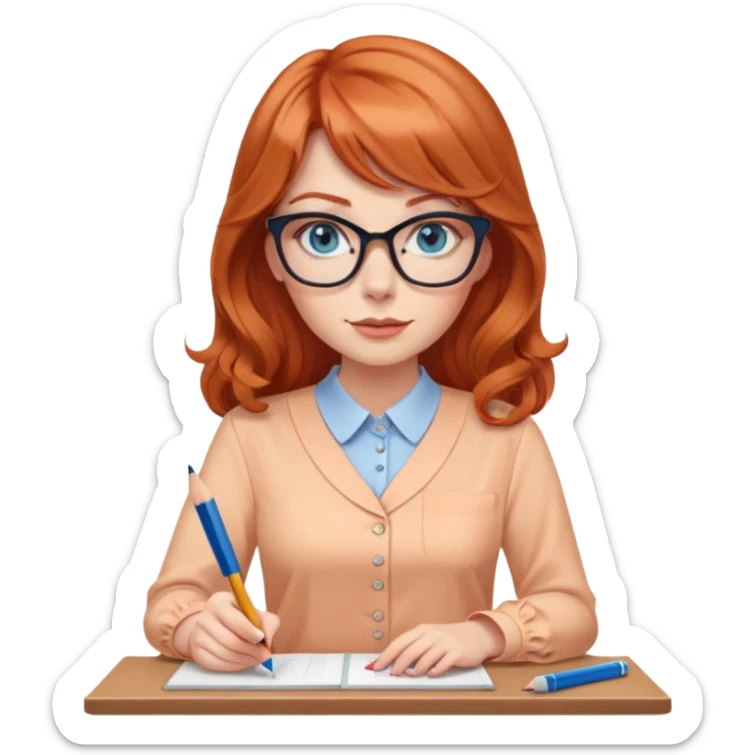 redheaded woman with long wavy hair and bangs, blue eyes, cat-eye glasses, wearing a pencil skirt and apricot blouse, holding a pencil sticker