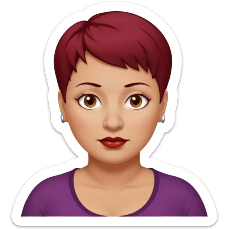 femme 40 ans, cheveux très court rouge foncé piercing sur le nez yeux marrons, surpoids sticker