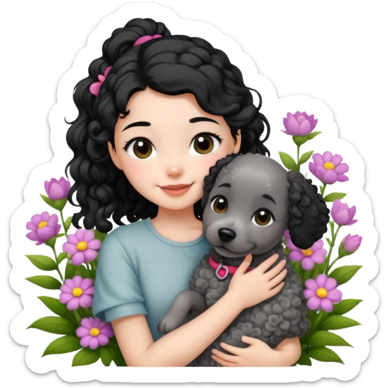A beautiful girl with black ponytail and wearing short sleeves happily hugs a gray curly dog ​​in the flowers sticker